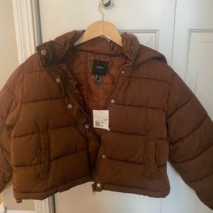 Brown Forever 21 Cropped Hooded Puffer Jacket